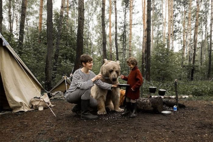 Фотосессия семьи дрессировщика Юрия Пантелеенко с ручным медведем Степаном