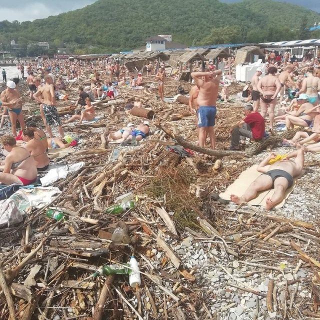 В Архипо-Осиповке отдыхающие загорают на пляже среди бурелома
