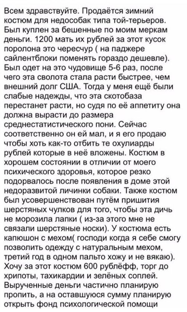 Креативное объявление о продаже комбинезона для собаки