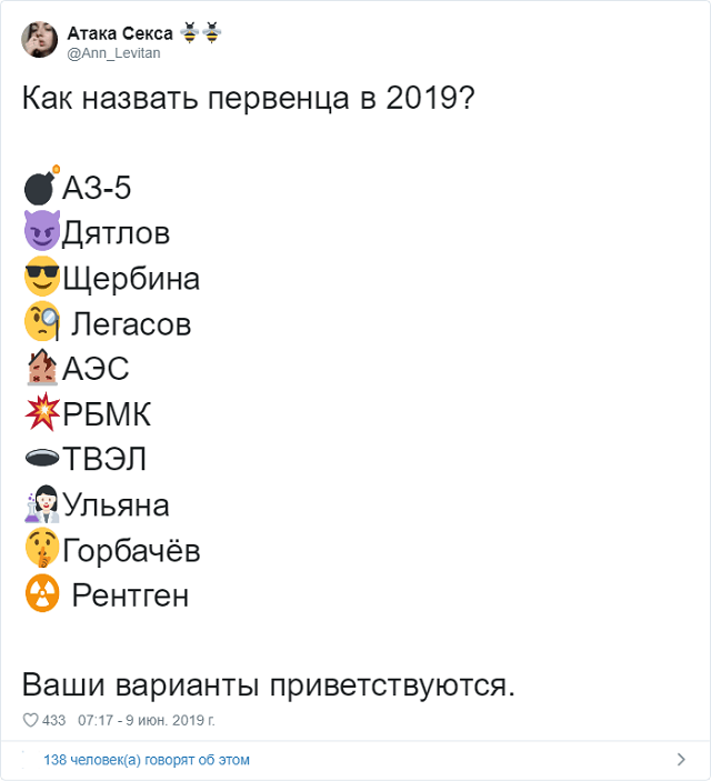 Пользователи запустили шуточный тред об именах для детей, посвященных сериалу "Чернобыль"
