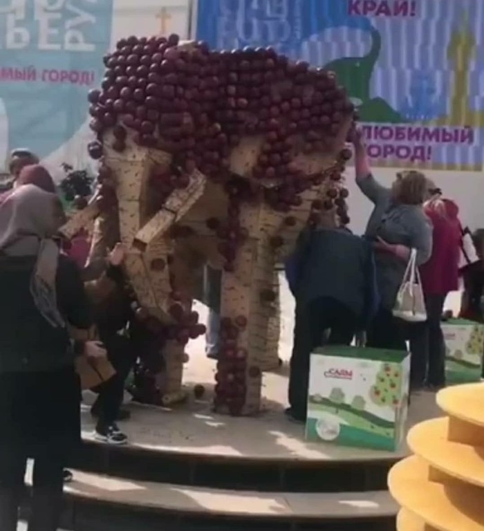 Жители Ставрополя разграбили слона из яблок. Его установили ко Дню города