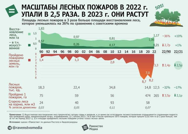 Площадь лесных пожаров в России снизилась в 2022 г. в 2,5 раза. В 2023 г. она вновь растет
