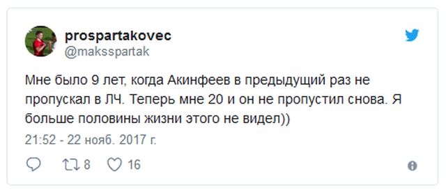Игорь Акинфеев прервал антирекордную серию из 43 пропущенных мячей