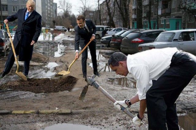 Сажающие дерево Трамп и Макрон стали героями фотожаб