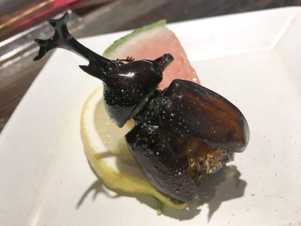 Оригинальное блюдо из японского паба - жук-носорог с лимоном и арбузом
