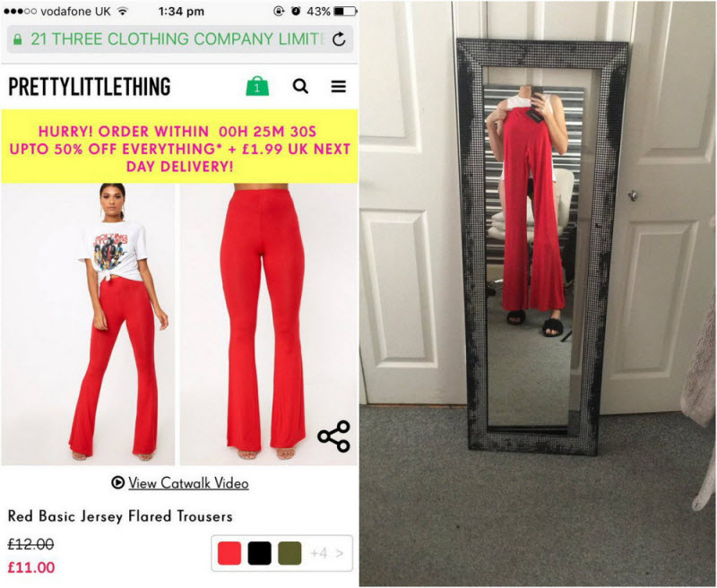 Девушка заказала брюки через интернет, но они были больше похожи на ласты